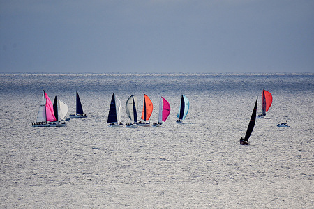 Sailboats racing during a regatta.55th International Nautical Week of Marseille (SNIM) from October 29 to November 1, 2021.