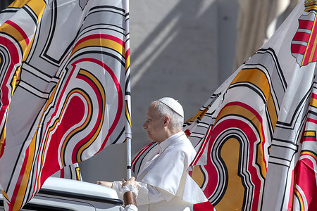 Pope Leo XIV seen arriving for his weekly general audience in St. Peter's square at the Vatican