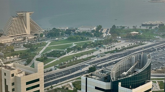 A view of the Sheraton Hotel, where the upcoming Arab-Islamic summit will be held, organized to discuss the recent Israeli attack on Doha. Deadly Israeli airstrikes targeted senior Hamas leaders in Qatar on September 9, 2025.
