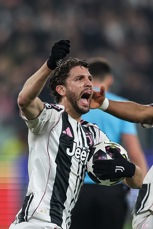 Manuel Locatelli of Juventus celebrates a goal during the UEFA Champions League 2025/2026 match between Juventus and Galatasary at Juventus Stadium. Final scores; Juventus 3:2 Galatasary.
