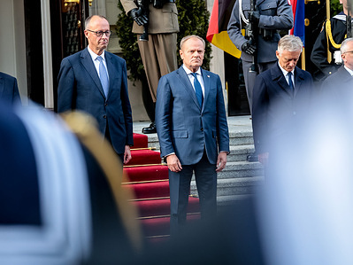 Polish Prime Minister Donald Tusk welcomes newly elected German Chancellor Friedrich Merz during his visit to Poland on the Chancellor's first day in office for a bilateral meeting at the Polish Prime Minister's Chancellery on Ujazdowska Street.