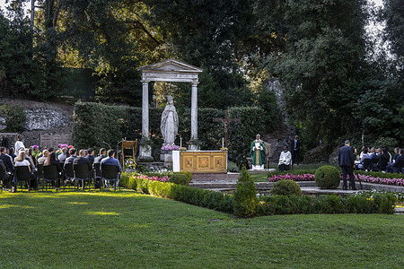 Pope Leo XIV celebrates a Mass for the Care of Creation in the "Borgo Laudato si" inside the pontifical villas in Castel Gandolfo.