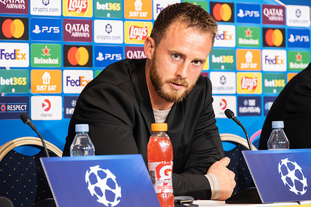 Mark Flekken of Bayer 04 Leverkusen attends a press conference ahead of the UEFA Champions League 2025/26 League Phase between F.C. Copenhagen and Bayer 04 Leverkusen at Parken Stadium.