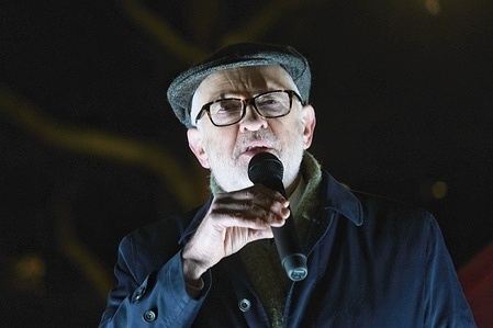 Your Party MP and former Labour leader, Jeremy Corbyn, speaks to a crowd during a rally in support of Venezuela. Over a hundred people with flags of Cuba and Venezuela gathered to protest against the attack by Donald Trump and the United States against Venezuela and the capture of Nicolas Maduro.
