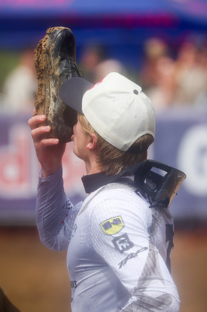 Asa Vermette of USA celebrates winning with a Shoey after Red Bull Hardline Tasmania finals were cancelled at Maydena Bike Park.