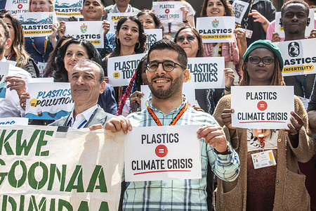 Members representing civil society groups hold placards and banner calling for action, urging world leaders to deliver sustainable solutions to tackle the plastic pollution crisis ahead of UNEA-7, scheduled to take place at the United Nation Office of Nairobi (UNON) from 8–12 December 2025.