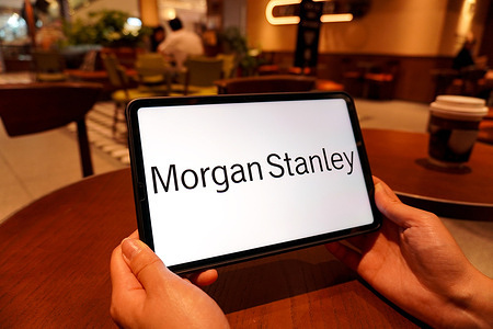 In this photo illustration, the Morgan Stanley logo is displayed on the screen of a smart tablet.