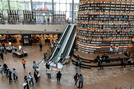 People seen walking around Starfield Library COEX. The Starfield Library, located in the center of the COEX Mall in Seoul, is a breathtaking cultural space famous for its towering, 13-meter-tall wooden bookshelves that house over 50,000 books and magazines. Designed as an open, illuminated public atrium, it serves as a vibrant community hub where visitors can freely read, relax, and attend regular cultural events and lectures beneath a massive, natural-light glass roof.