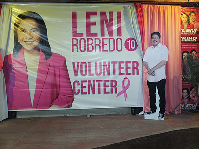 A cut-out replica of Vice Presidential aspirant Francis "Kiko" Pangilinan seen at the volunteer center. The 2022 Philippine presidential and vice presidential elections are scheduled to be held on Monday, May 9.