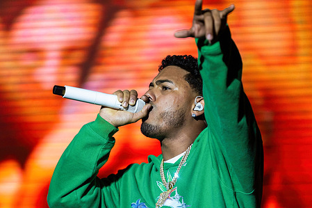 Puerto Rican rapper, singer and songwriter, Myke Towers, performs live on stage at North Festival 2024 in Porto. North Festival is held between 24th and 25yh of May at Serralves Park in Porto.
