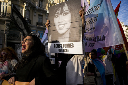 Activists hold placards during a demonstration on the streets of Madrid under the slogan "Against fascism, trans pride and fury," held in commemoration of Trans Visibility Day (March 31), they also condemned the attack on Bianca Lizbeth Fernández, a trans woman and Miss Zamora, who was assaulted by ten people.