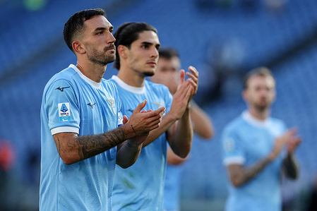 Danilo Cataldi and Matteo Cancellieri of Lazio greet fans during the Serie A Enilive 2025-2026 football match between SS Lazio and Torino FC at Olympic Stadium. Final scores; SS Lazio 3-3 Torino FC.