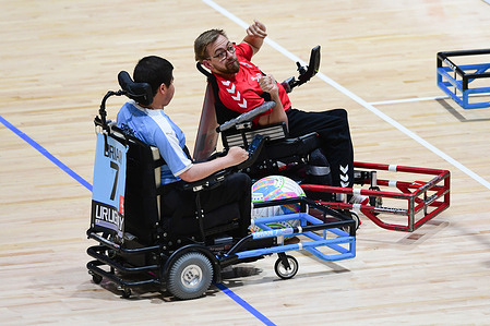 Brian Medina (L) of the Uruguay powerchair football team and Mark Soerensen (R) of the Denmark powerchair football team seen in action during the FIPFA Powerchair Football World Cup 2023 match between Uruguay and Denmark at Quaycentre. Final score; Denmark 1:0 Uruguay.