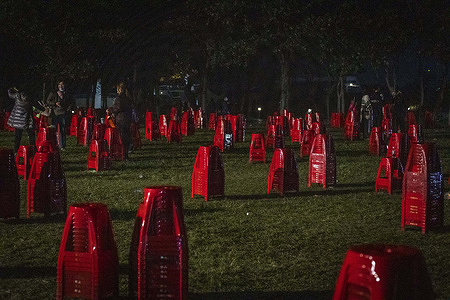 Piled-up red chairs seen after a Democratic Progressive Party (DPP) rally. Entering the last week of the Taiwan Presidential Election 2024, Democratic Progressive Party (DPP) held a massive rally in Xinzhuang.