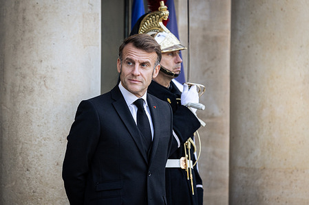 The French President Emmanuel Macron seen before the meeting. The French President Emmanuel Macron met with the President of the State of Palestine Mahmoud Abbas at the Elysée Presidential Palace, in Paris. This was the first visit of the Palestine President since France recognized the State of Palestine.