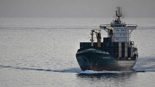 View of the Contship Sky arriving in Marseille. The container ship Contship Sky arrives at the French Mediterranean port of Marseille.