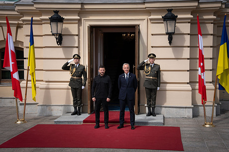 The Ukrainian President, Volodymyr Zelensky and Canadian Prime Minister Mark Carney seen at the presidential palace during the 34th anniversary of Ukraine's independence. Ukrainian President, Volodymyr Zelensky welcomed Canadian Prime Minister Mark Carney at the presidential palace on the occasion of Independence Day.