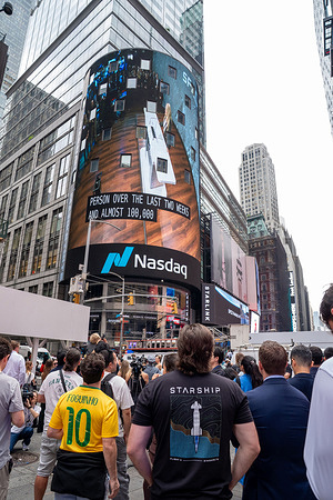 Gwynne Shotwell, president of Space Exploration Technologies Corp., speech before the start of NASDAQ opening bell is projected on screen outside of stack exchange at Times Square on June 12, 2026 in New York City. Shares of SpaceX climbed in their first day of trading on Friday following a $75 billion IPO that smashed records and instantly turned the crown jewel of Elon Musk's business empire into one of the most-valuable public companies in the world and Elon Musk into the world's first trillionaire.