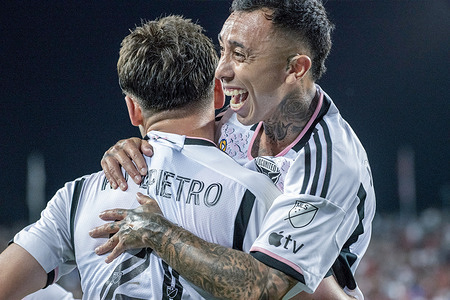 Martín Rodríguez #14 (R) seen celebrating a goal during the MLS game between Toronto FC and DC United. The game ended 1-3 for DC United.