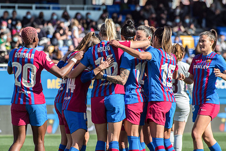 FC Barcelona players celebrate after scoring a goal during the Primera Iberdrola match between FC Barcelona Femeni and SD Eibar Femenino at Estadi Johan Cruyff.
Final score; FC Barcelona Femeni 7:0 SD Eibar Femenino.