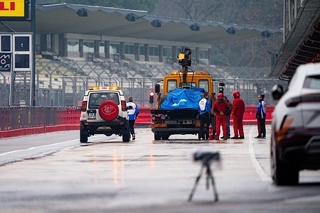 Visa Cash App Racing Bulls F1 Team's driver Arvid Lindbland's car seen after the incident at the Autodromo internazionale Enzo e Dino Ferrari.