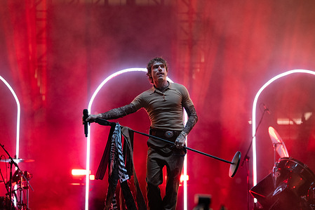 Filippo Maria Fanti, well known as Irama performs live at the Grand Events Arena during the SalernoSounds 2025.