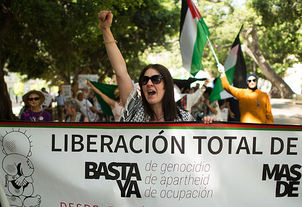 A protester holds a banner as she takes part in a demonstration in support Palestine and against Israel. Under the slogan "Stop the genocide in Palestine now!” thousands of people marched through the city's main streets against the alleged genocide in Gaza and to demand an end to the arms trade and trade relations with Israel.