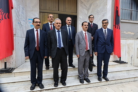 Seven members of the main Iranian opposition movement, the Mujahedin-e Khalq (MEK), who survived the 1988 massacre of 30,000 political prisoners in Iran, testified before the court in the trial of Hamid Noury, an official in Gohardasht Prison, west of Tehran. Front row from left: Mahmoud Royaei, Hassan Ashrafian, Asghar Mehdizadeh, Akbar Samadi. Second row from left: Mohammad Zand, Hossein Farsi, and Majid Sahab Jam.
The court was transferred from Stockholm to Durres to hear the testimonies of seven members of the Mujahedin-e Khalq (MEK), who survived the 1988 massacre of 30,000 political prisoners, 90% of whom were MEK activists. Noury is being tried on war crimes and murder.