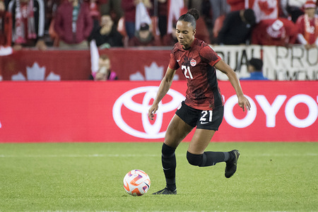 Jade Rose #21 in action during the CONCACAF Women's Championship 2024 Olympic qualifier between Canada and Jamaica at BMO field in Toronto. 
The game ended 2-1 for Canada sending it to the Paris 2024 Olympic Games