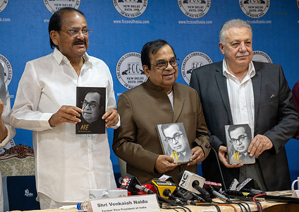(L to R) Venkaiah Naidu, former Vice President of India, Indian comedian Dr. Brahmanandam and Dr. Waiel Awwad, President of the Foreign Correspondents’ Club (FCC), pose with books during the launch. Indian actor and comedian Dr. Brahmanandam Padma Shri has released a book called "Me and I". He is listed in the Guinness book of record for having the most screen credits of a living actor, having appeared in some 1,000 movies.