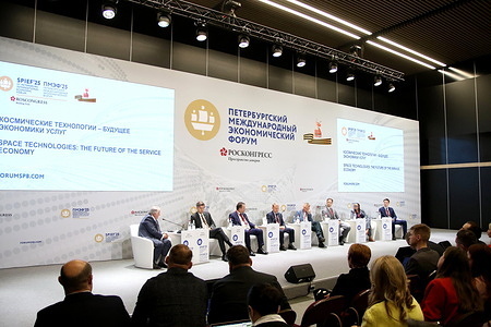 Mikhail Kovalchuk (L), President National Research Centre "Kurchatov Institute" seen during the Space Technologies the Future of the Service Economy session of the XXVIII St. Petersburg International Economic Forum at the Expo forum Convention and Exhibition Center.