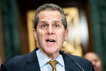 Michael Barr, Vice Chair For Supervision, Federal Reserve, speaking at a Senate Banking, Housing, and Urban Affairs committee hearing at the U.S. Capitol.