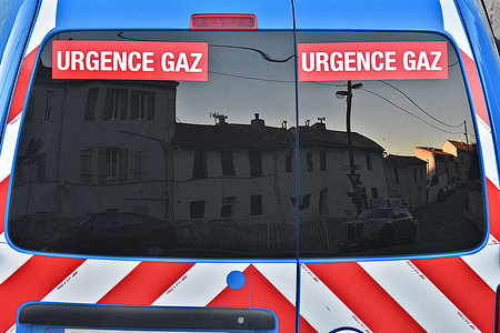 Emergency rescue vehicle from the company Gaz Réseau Distribution France (GRDF) is seen on the street close to a gas leak area in Marseille. Emergency rescue teams from Gaz Réseau Distribution France (GRDF) respond to a gas leak in Marseille.