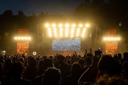 MEUTE, the German techno‑marching band, perform on the main stage during the final day of Vodafone Paredes de Coura.