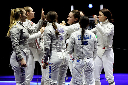 Aleksandra Mikhailova, Svetlana Sheveleva, Malena Kunasheva, Anfisa Gromova, Anastasiya Bazhenova seen after gold match for Women's team competition during the Moscow Sabre 2026 at the Irina Viner-Usmanova Gymnastics Palace. Moscow Sabre International Fencing Competition is held in memory of two-time Olympic champion Mikhail Burtsev and brings together over 200 athletes from Russia, Belarus and Azerbaijan. 
Olga Nikitina (Olympic, world and European champion) won the women’s individual competition and Pavel Graudyn (bronze medalist at 2025 European Championships) won the men’s one. 
In the women’s team competition the gold medal was won by the 13th-ranked Russian team with Malena Kunasheva, Anfisa Gromova, Anastasia Bazhenova and Svetlana Sheveleva.
Men's team won 2nd-ranked Russian team (Kamil Ibragimov, Dmitriy Danilenko, Oleg Petrovsky and Vasily Shirshov).