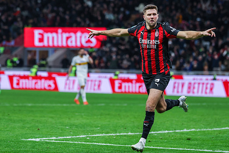 Niclas Fullkrug of AC Milan celebrates a goal during Serie A 2025/26 football match between AC Milan and US Lecce at San Siro Stadium. Final score Milan 1 : 0 Lecce