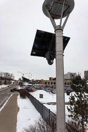 Flock Safety camera on Stadium Drive near Ottawa River on the University of Toledo campus in Toledo, Ohio. Flock Safety surveillance Automatic License Place Reader (ALPR) cameras have become ubiquitous over the past few years including on university campuses, around the parking lots of businesses and used by government law enforcement.