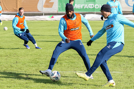 Marcus Wendel Valle da Silva, known as Wendel (8), Roman Vega (R) of the Zenit football club seen during an open training at the Zenit FC training base in Saint Petersburg before the Zenit Saint Petersburg - Spartak Moscow football match, Russian Premier League, which will be held in Saint-Petersburg, Gazprom Arena.
