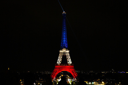 A view of the Eiffel Tower illuminated in the colours of the French national flag to commemorate the 10th Anniversary of the 2015 Paris terror attacks. France marks a decade since the terrorist attacks, when Jihadist gunmen and suicide bombers staged a series of coordinated attacks in and around Paris on the night of November 13, 2015, killing 130 people, with the Islamic State group claiming responsibility.
