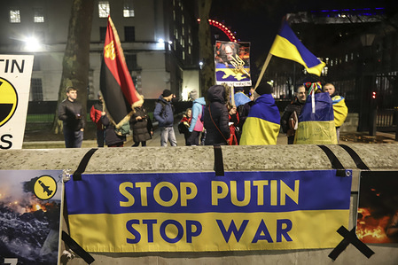 STOP PUTIN, STOP WAR banner seen before the protesters during the protest.
Ukrainians protest against Putin and Russia in the centre of London, UK as the recent escalating political and military tension between the countries for fear of a war raise.