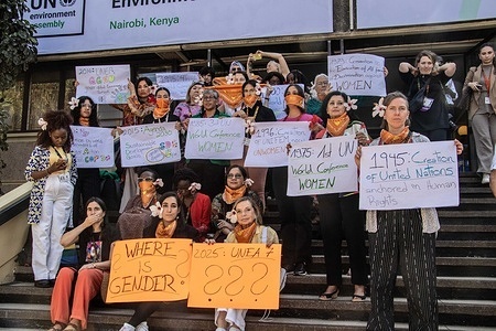 The Women’s Major Group at UNEP (United Nations Environment Programme) hold placards while conducting a silent demonstration, saying there is no mention of gender balance or equality and drawing attention to the exclusion taking place at the ongoing UNEA7 in Nairobi. They are calling for the adoption of gender-inclusive language.