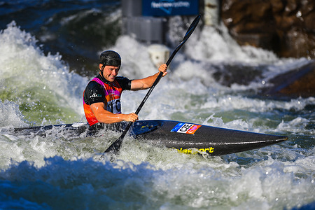 Jan Barta of Czechia is seen in action during the Men's team finals of 2025 World ICF Slalom Championship.