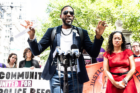 New York City Public Advocate Jumaane Williams speaking in support of greater transparency by the New York City Police Department (NYPD) through the "How Many Stops Act" currently being considered by the New York City Council in New York City.