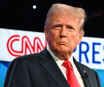 President of the United States Joe Biden (not shown) and Former President of the United States Donald J. Trump (shown) participate in the first Presidential Debate at CNN Studios in Atlanta, Georgia, United States on June 27, 2024. The 2024 CNN Presidential Debate, Thursday evening is the first time in U.S. history that a current and former president met at a debate and the debate was the earliest face-off in U.S. history.