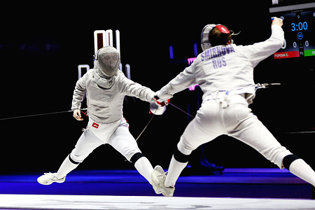 Popova Evelina and Smirnova Yaroslava seen in action during bronze match for Women's team competition at the Moscow Sabre 2026. Moscow Sabre International Fencing Competition in memory of two-time Olympic champion Mikhail Burtsev in 2026 brings together over 200 athletes from Russia, Belarus, and Azerbaijan. Olga Nikitina (Olympic, world, and European champion) won the women’s individual competition and Pavel Graudyn (bronze medalist at 2025 European Championships) won the men’s one. In the women’s team competition the gold medal was won by the 13th-ranked Russian team with Malena Kunasheva, Anfisa Gromova, Anastasia Bazhenova, and Svetlana Sheveleva. Men's Team won 2nd-ranked Russian team (Kamil Ibragimov, Dmitriy Danilenko, Oleg Petrovsky, and Vasily Shirshov).