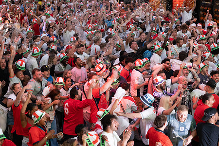 Fans are seen celebrating after England's first goal as they watch the FIFA World Cup 2026 semi-final match between England and Argentina on a big screen during a live public screening in London. Final score: England 1:2 Argentina