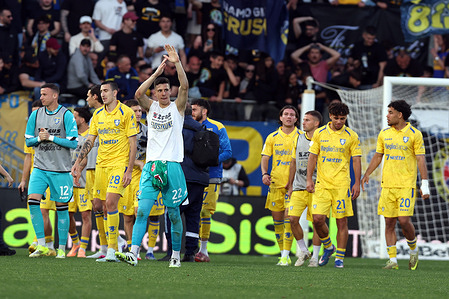 Lorenzo Palmisani of Frosinone Calcio seen celebrating at the end of the match during Serie B 2025-2026 match between Frosinone Calcio and Padova Calcio at Benito Stirpe stadium. Final score; Frosinone 2:0 Padova