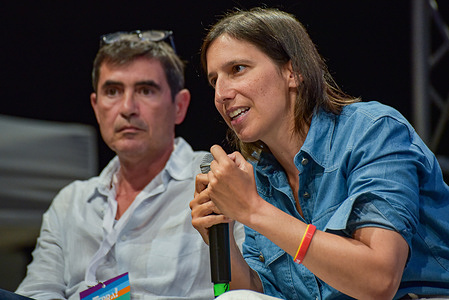Nicola Fratoianni (L) and Elly Schlein (R) attend the debate "Terra Comune" during the Alleanza Verdi Sinistra (AVS) national festival "Terra" at Monk. The "Terra" festival is an annual event organized by Italy's Alliance of Greens and the Left (AVS). It serves as a platform for debates, cultural activities, and discussions on issues such as climate change, social justice, and human rights, aiming to strengthen the coalition’s political presence and engage the public.