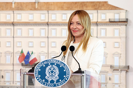 Prime Minister Giorgia Meloni seen during the joint statements with Luís Montenegro (not in view). Prime Minister Giorgia Meloni welcomed the Portuguese Prime Minister Luís Montenegro to Palazzo Chigi for an institutional meeting dedicated to key European issues and cooperation between Italy and Portugal. A document was signed to strengthen political dialogue. A €3 billion agreement has been reached to supply three Italian frigates to the Portuguese Navy.