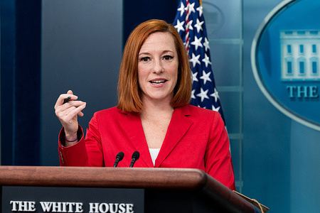 White House Press Secretary Jen Psaki speaks at a press briefing in the White House Press Briefing Room.